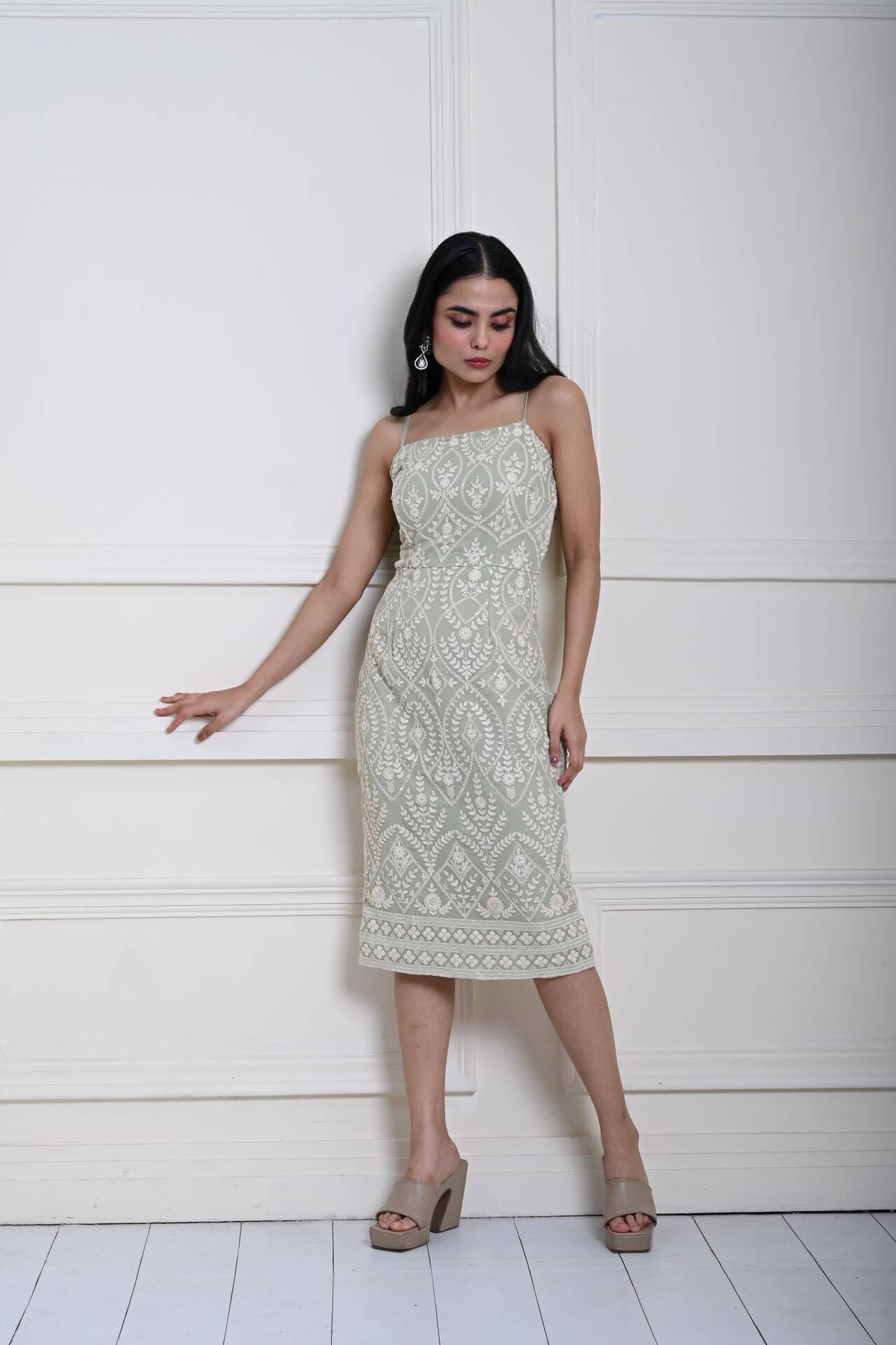 Mint Green Embroidered Midi Dress with Spaghetti Straps 