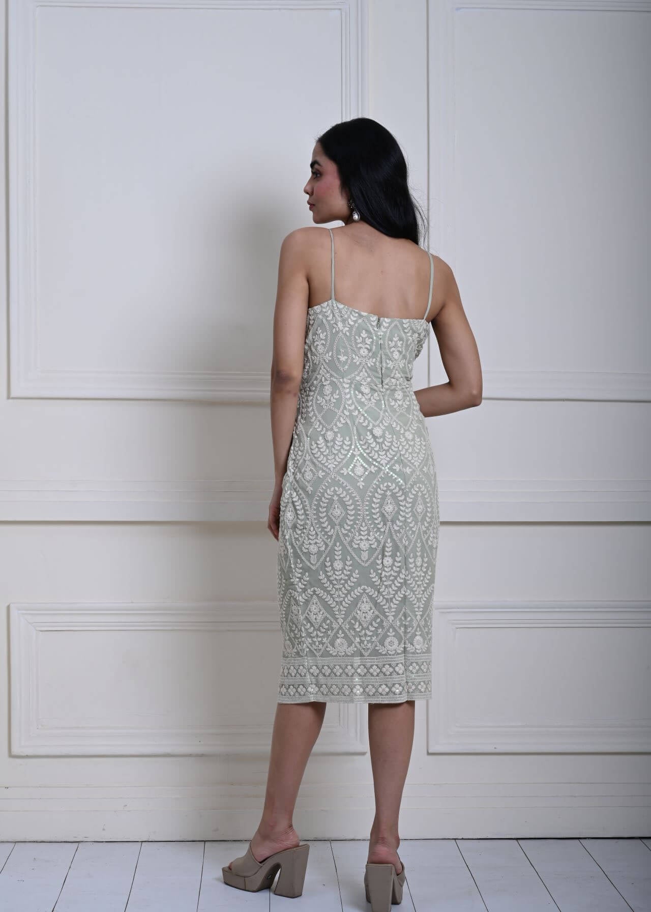 Mint Green Embroidered Midi Dress with Spaghetti Straps 