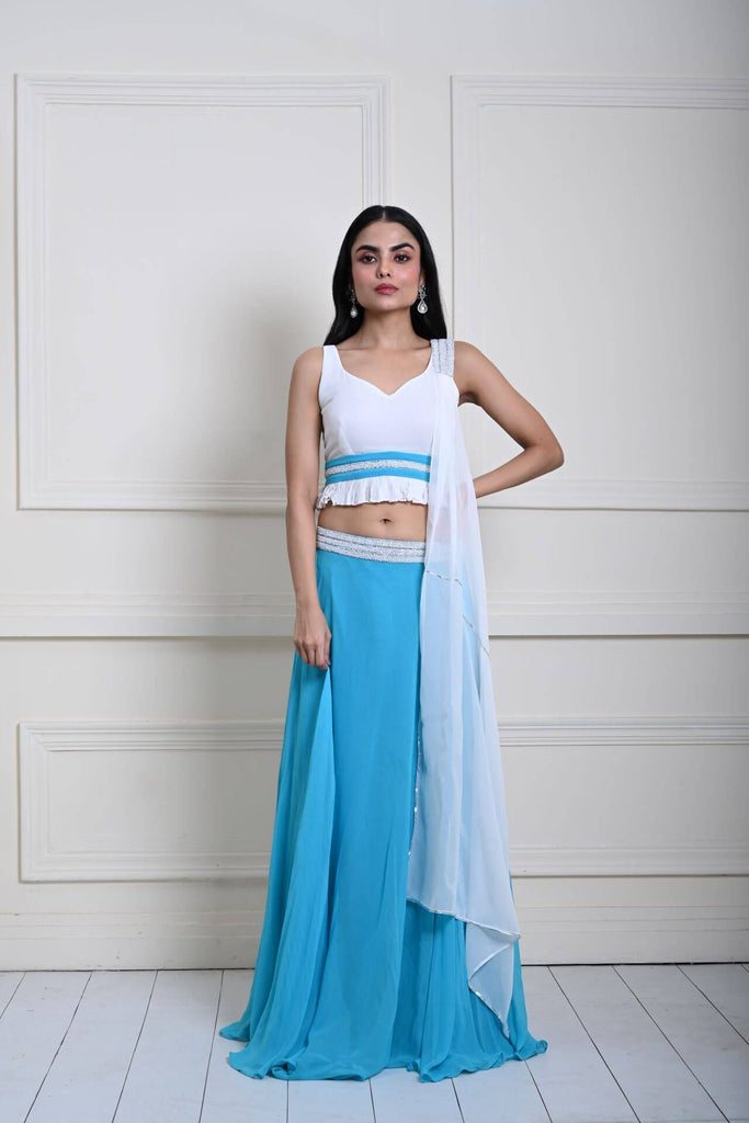 Turquoise Blue Stonework Lehenga with White Choli and Choker Dupatta