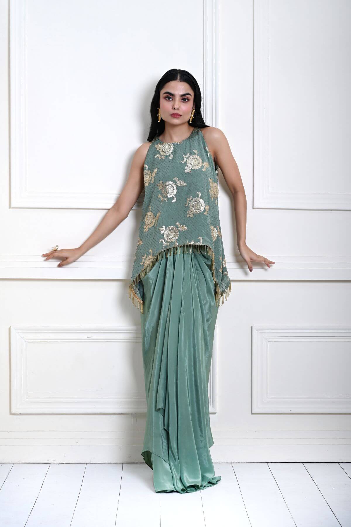 Sage Green Satin Drape Skirt with Embroidered Top