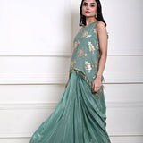 Sage Green Satin Drape Skirt with Embroidered Top