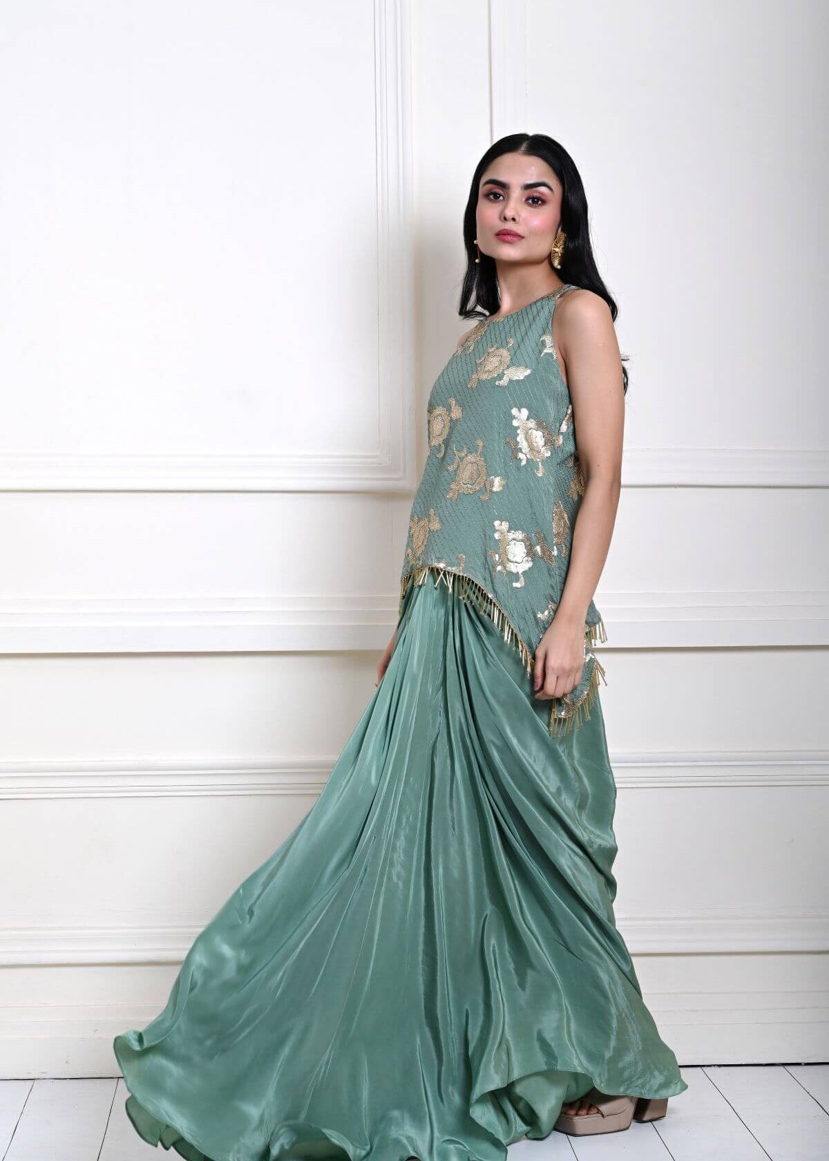 Sage Green Satin Drape Skirt with Embroidered Top