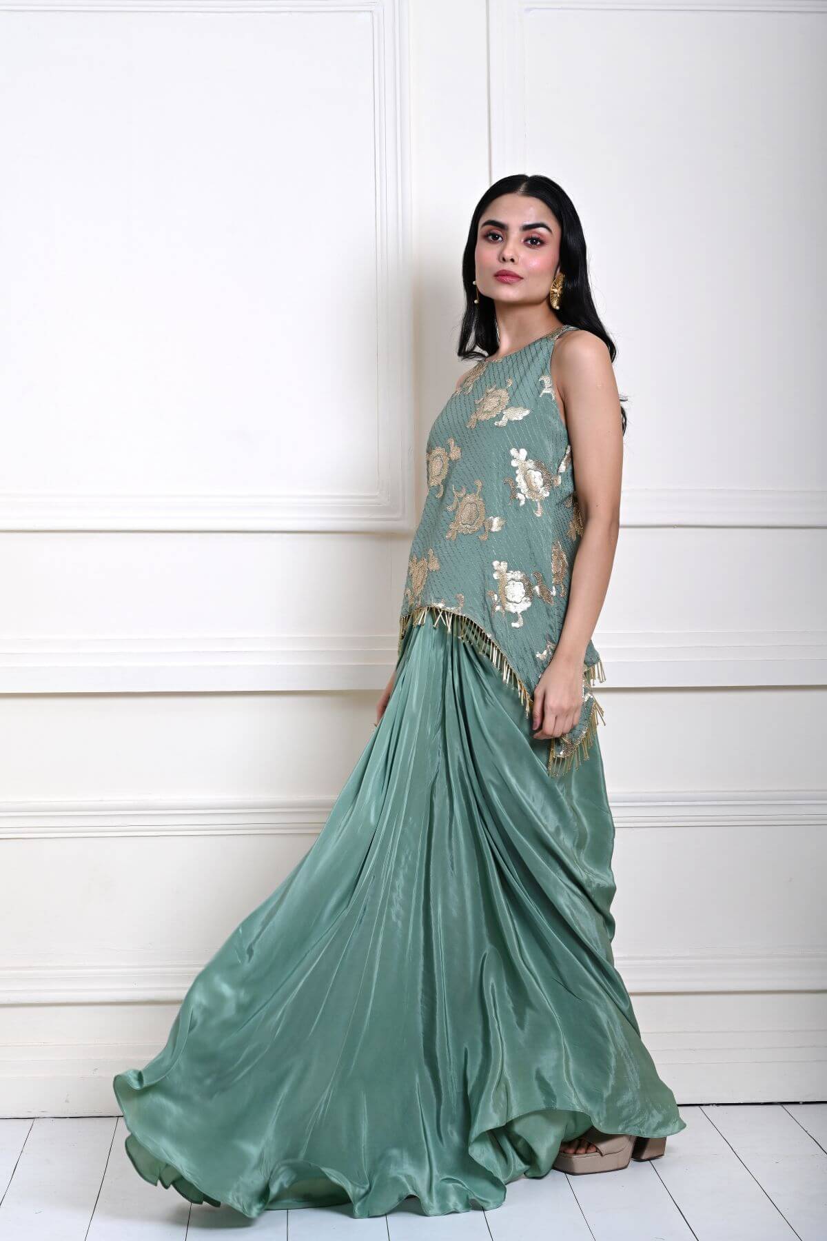 Sage Green Satin Drape Skirt with Embroidered Top