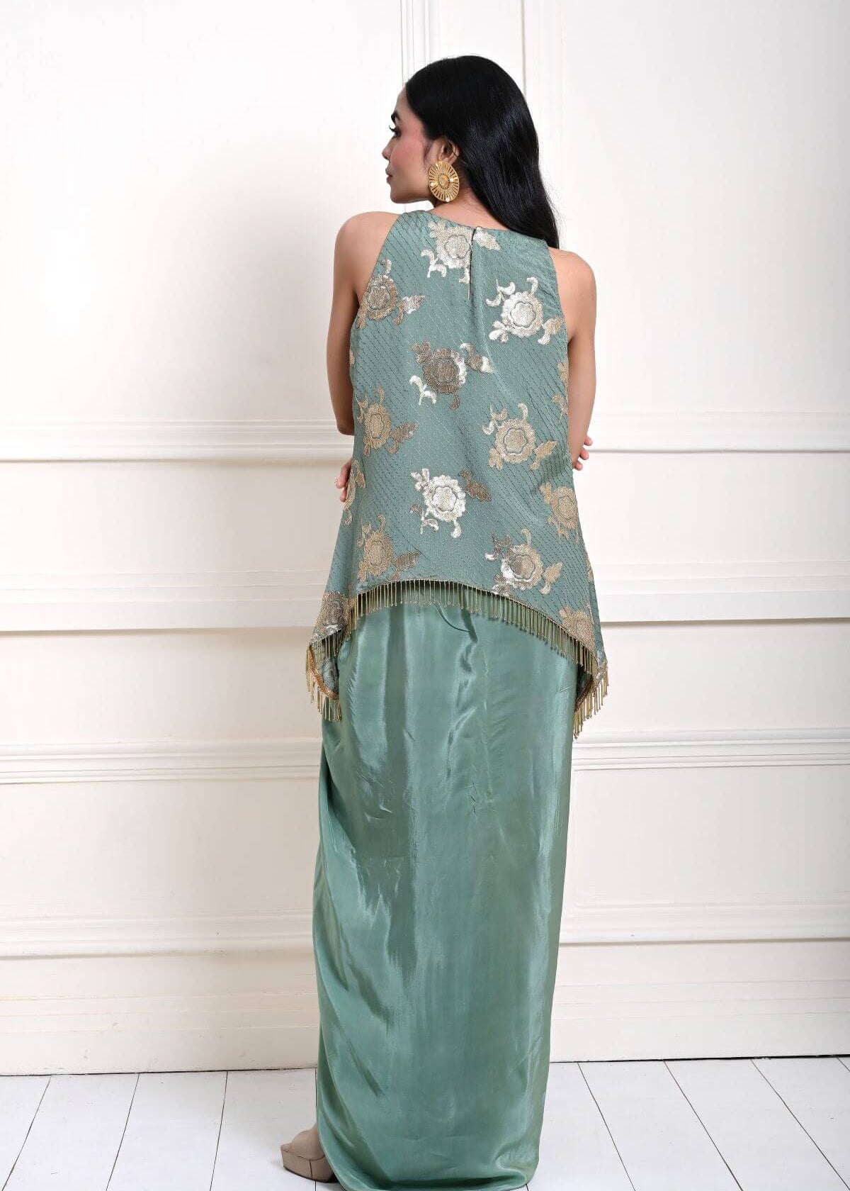 Sage Green Satin Drape Skirt with Embroidered Top