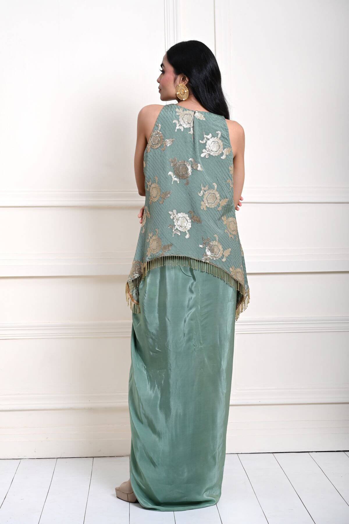 Sage Green Satin Drape Skirt with Embroidered Top