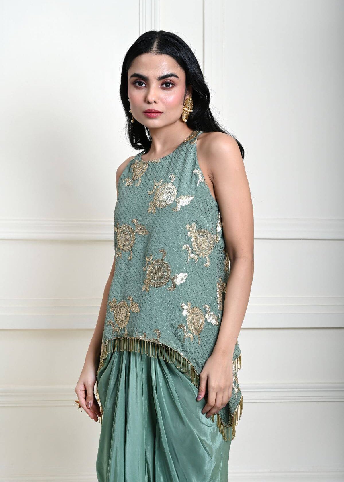 Sage Green Satin Drape Skirt with Embroidered Top