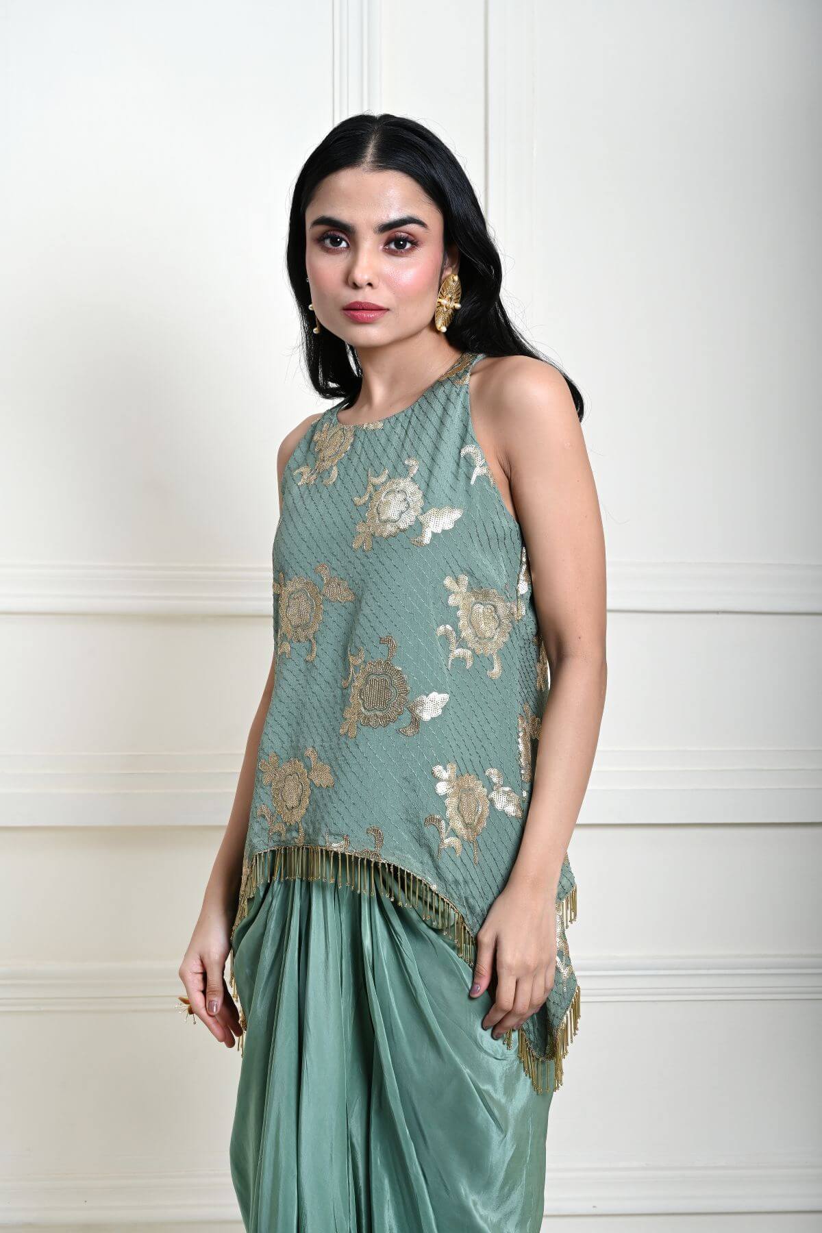 Sage Green Satin Drape Skirt with Embroidered Top