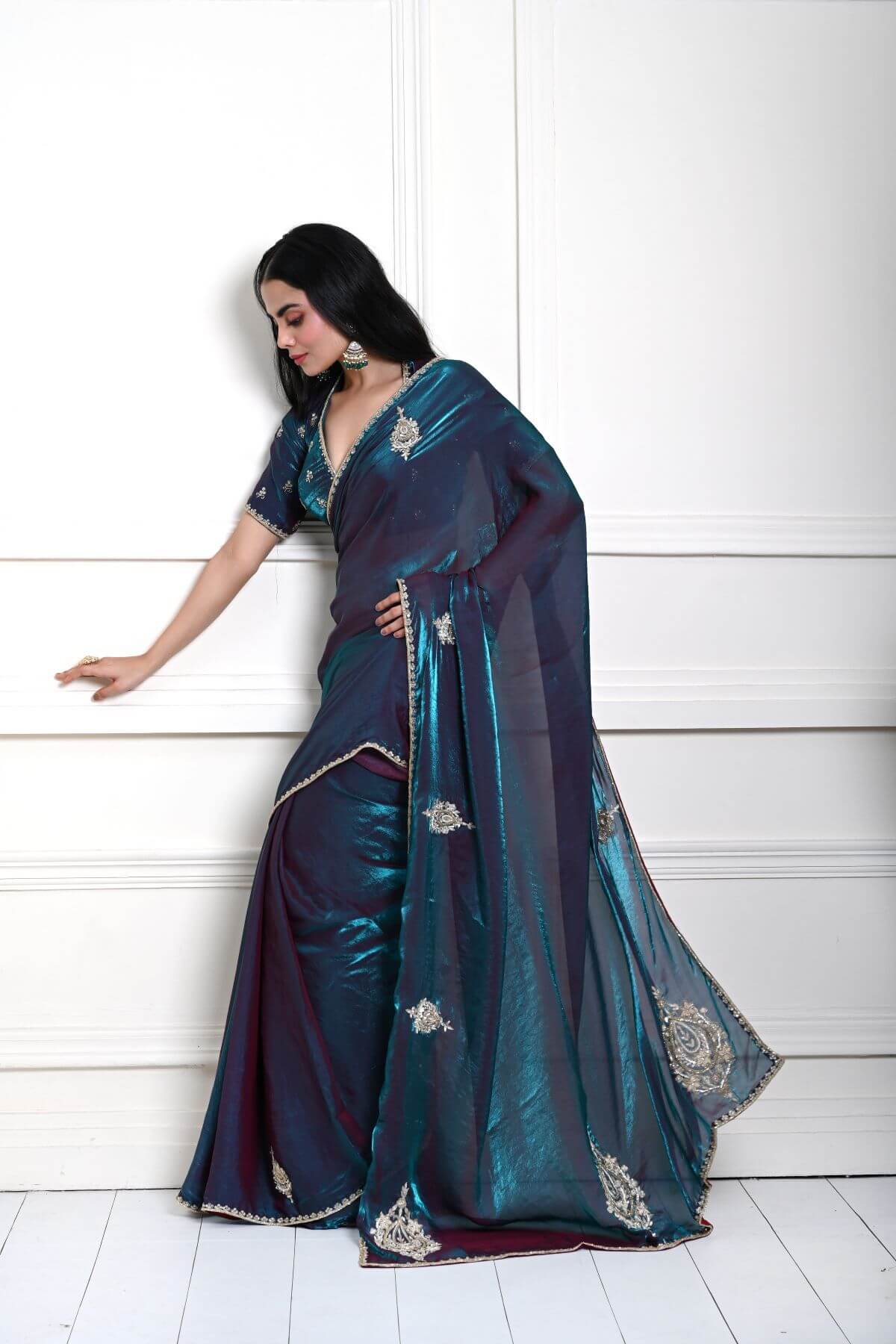 Teal blue Organza Silk Saree with Hand Embroidered Work