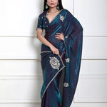 Teal blue Organza Silk Saree with Hand Embroidered Work