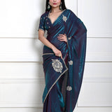 Teal blue Organza Silk Saree with Hand Embroidered Work