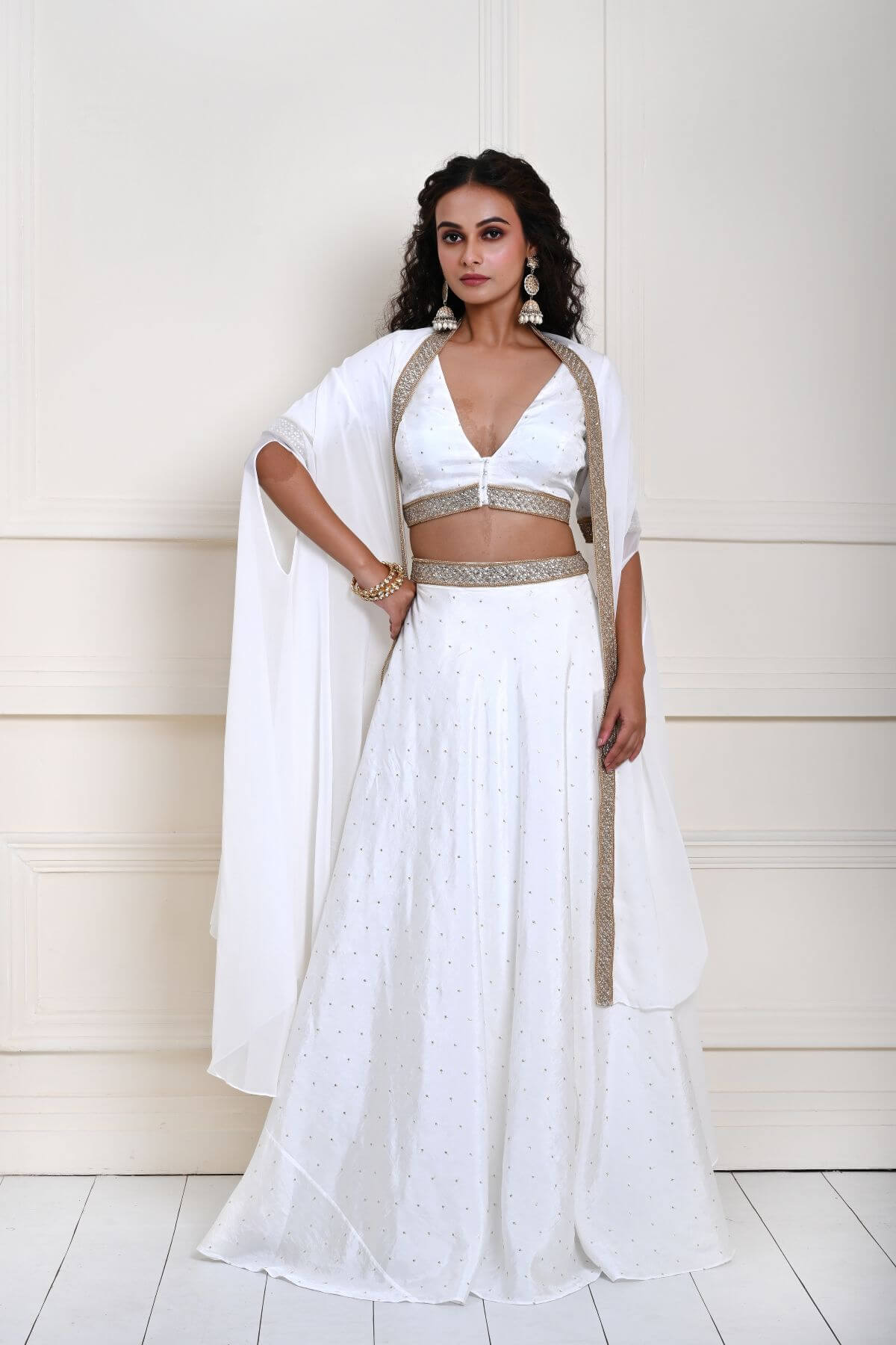 White Lehenga Choli Set Embroidered work with Cape Style Dupatta 