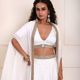 White Lehenga Choli Set Embroidered work with Cape Style Dupatta 