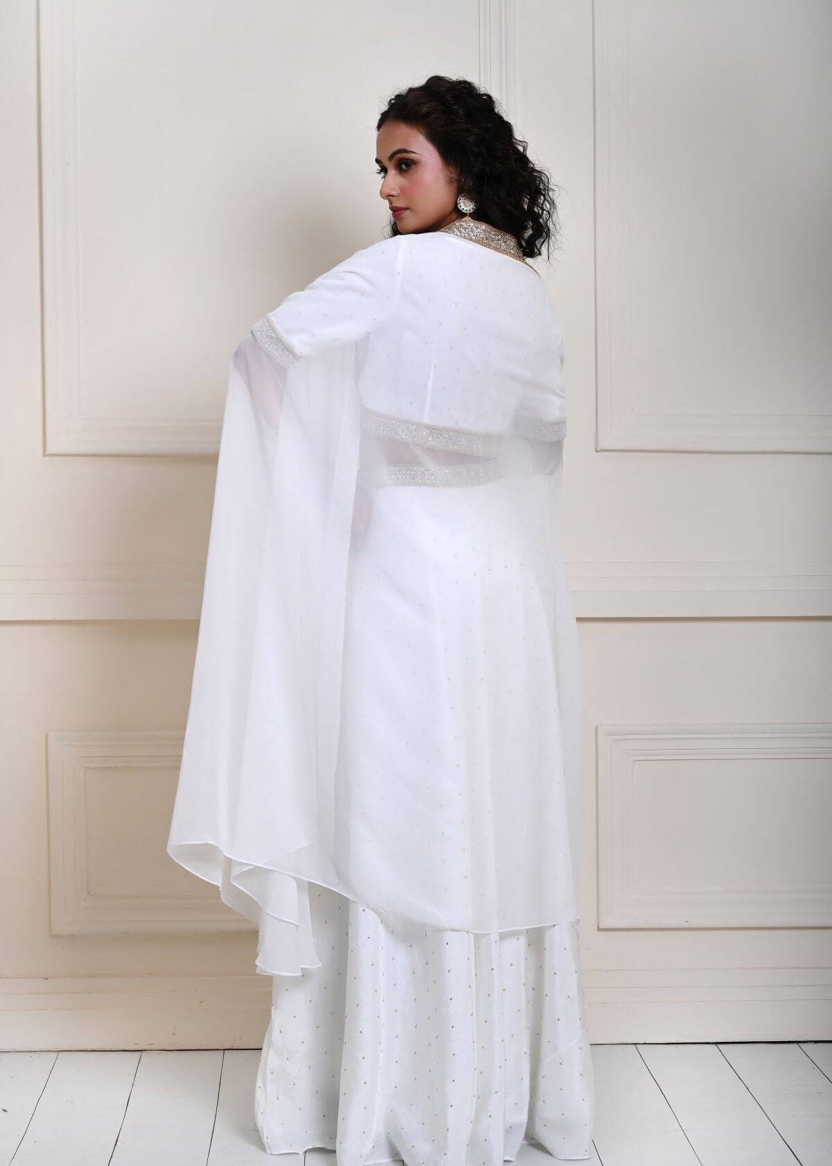 White Lehenga Choli Set Embroidered work with Cape Style Dupatta 