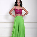 Hot Pink sequin Crop Top with Parrot Green Sharara Pant 
