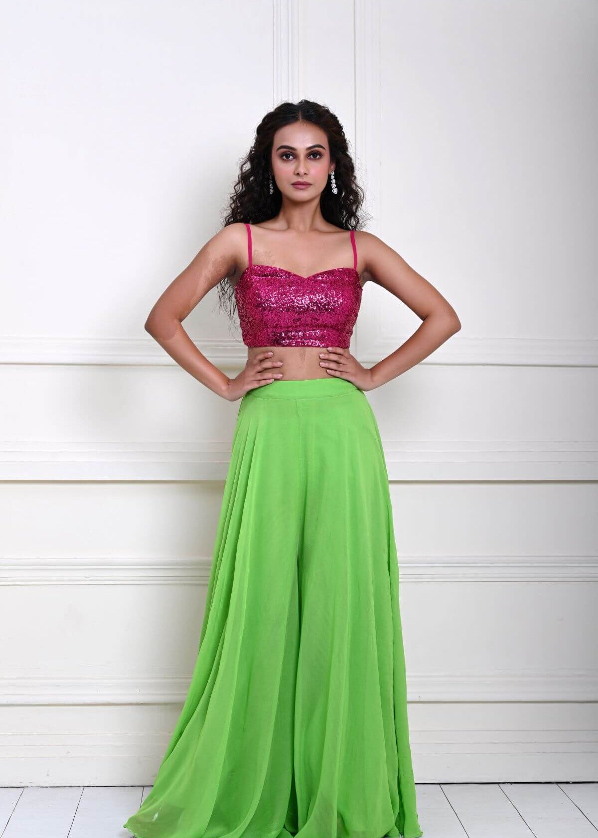 Hot Pink sequin Crop Top with Parrot Green Sharara Pant 
