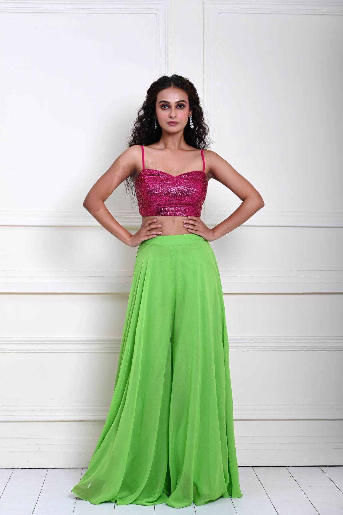 Hot Pink sequin Crop Top with Parrot Green Sharara Pant 
