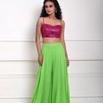 Hot Pink sequin Crop Top with Parrot Green Sharara Pant 
