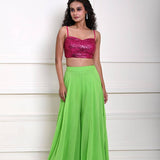 Hot Pink sequin Crop Top with Parrot Green Sharara Pant 
