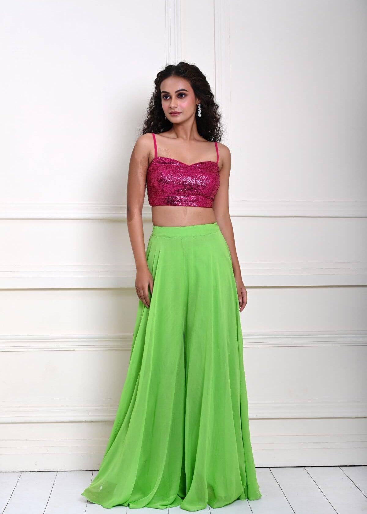 Hot Pink sequin Crop Top with Parrot Green Sharara Pant 
