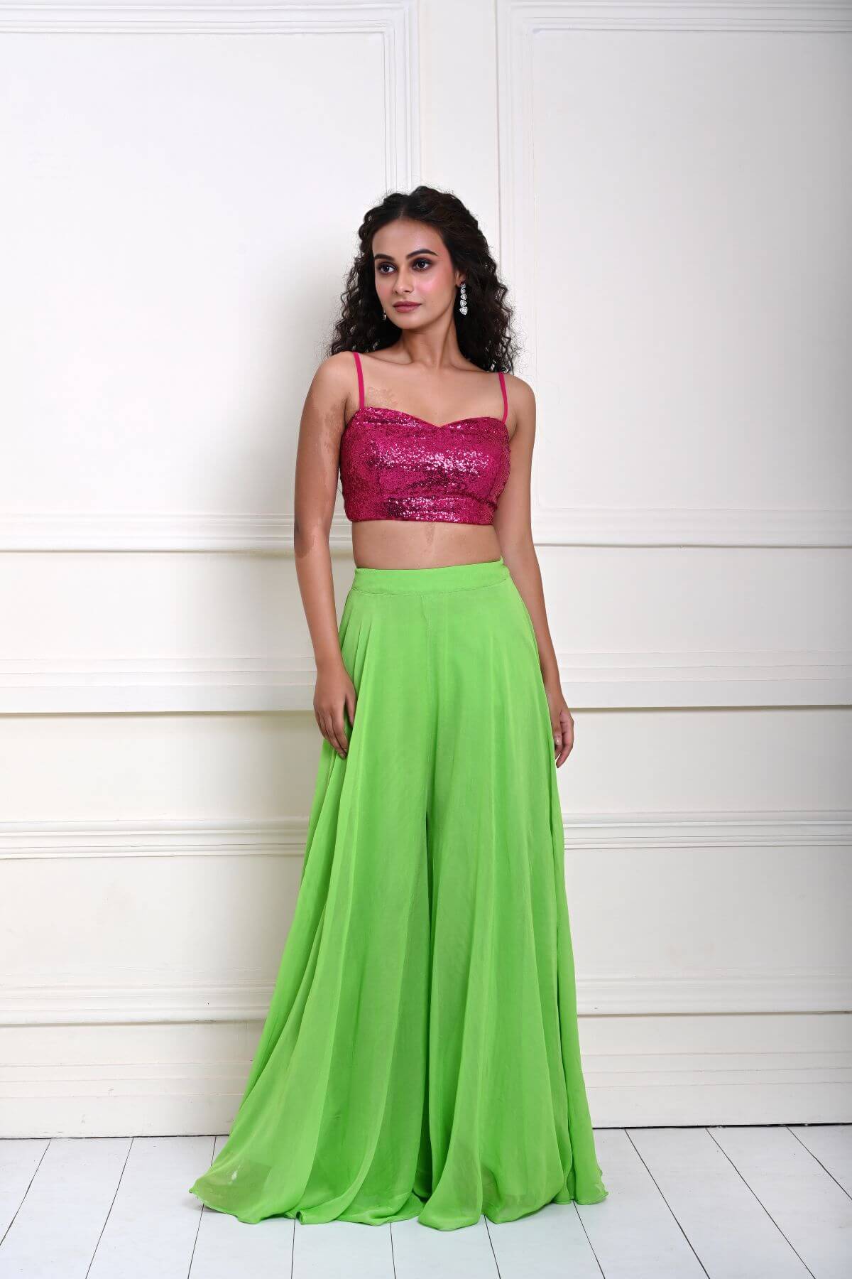 Hot Pink sequin Crop Top with Parrot Green Sharara Pant 
