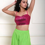 Hot Pink sequin Crop Top with Parrot Green Sharara Pant 
