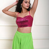 Hot Pink sequin Crop Top with Parrot Green Sharara Pant 
