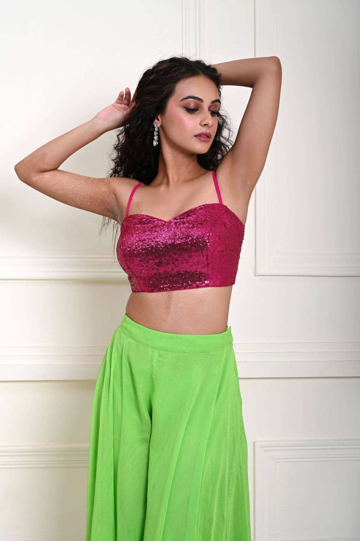 Hot Pink sequin Crop Top with Parrot Green Sharara Pant 
