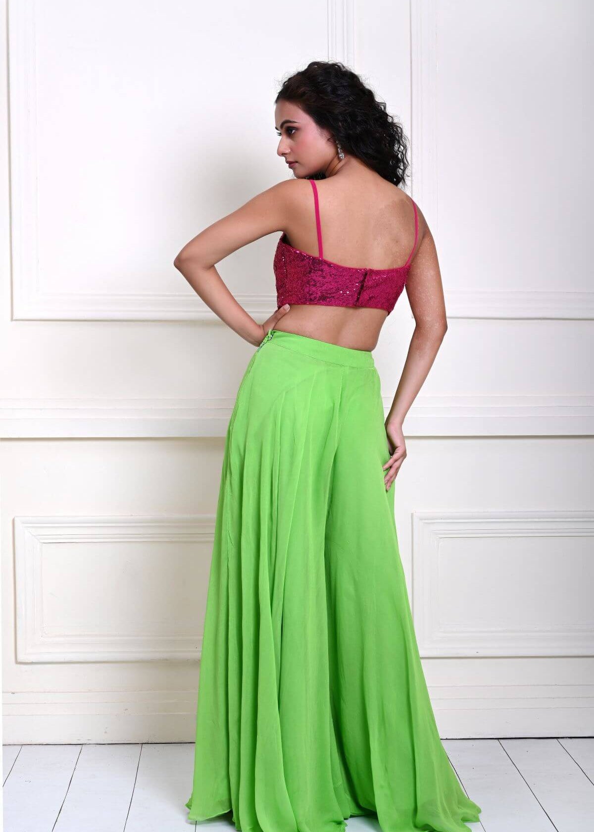 Hot Pink sequin Crop Top with Parrot Green Sharara Pant 
