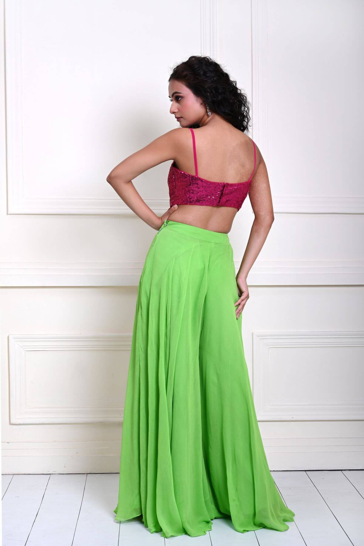 Hot Pink sequin Crop Top with Parrot Green Sharara Pant 
