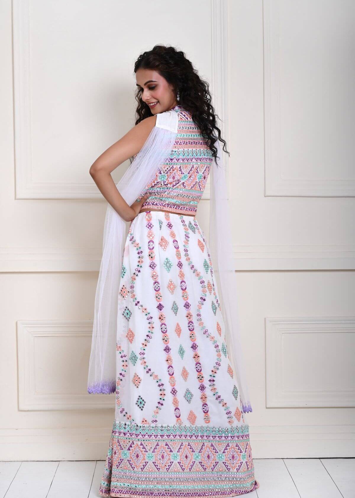 Pure White Georgette Lehenga Set with Multicolor Embroidered Mirror Work