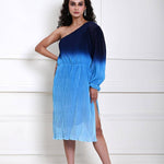 Blue One-Shoulder Midi Dress in Ombre Pleated fabric