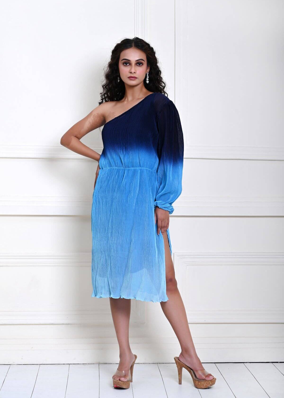 Blue One-Shoulder Midi Dress in Ombre Pleated fabric