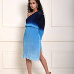 Blue One-Shoulder Midi Dress in Ombre Pleated fabric