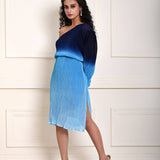 Blue One-Shoulder Midi Dress in Ombre Pleated fabric