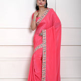 Rose Pink Saree in Satin Silk with Parsi Gara Embroidery Border