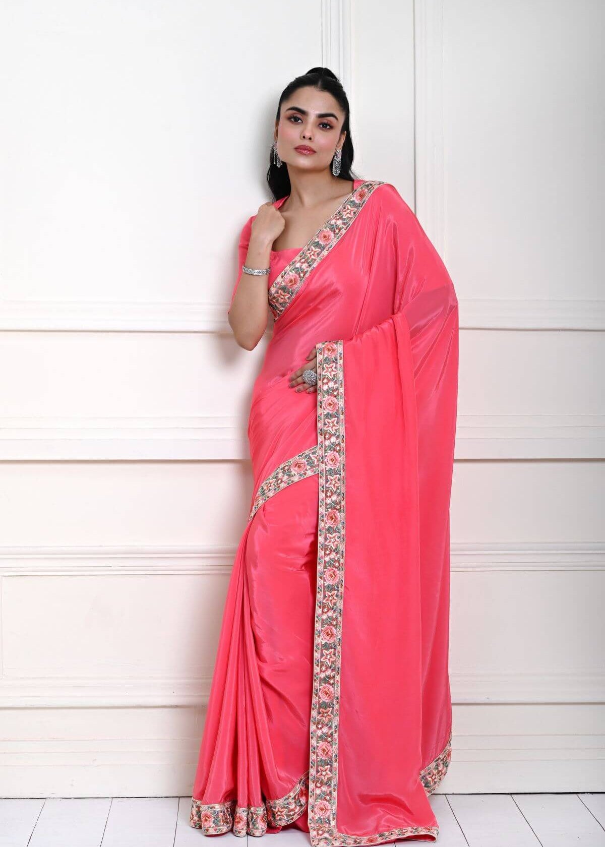 Rose Pink Saree in Satin Silk with Parsi Gara Embroidery Border