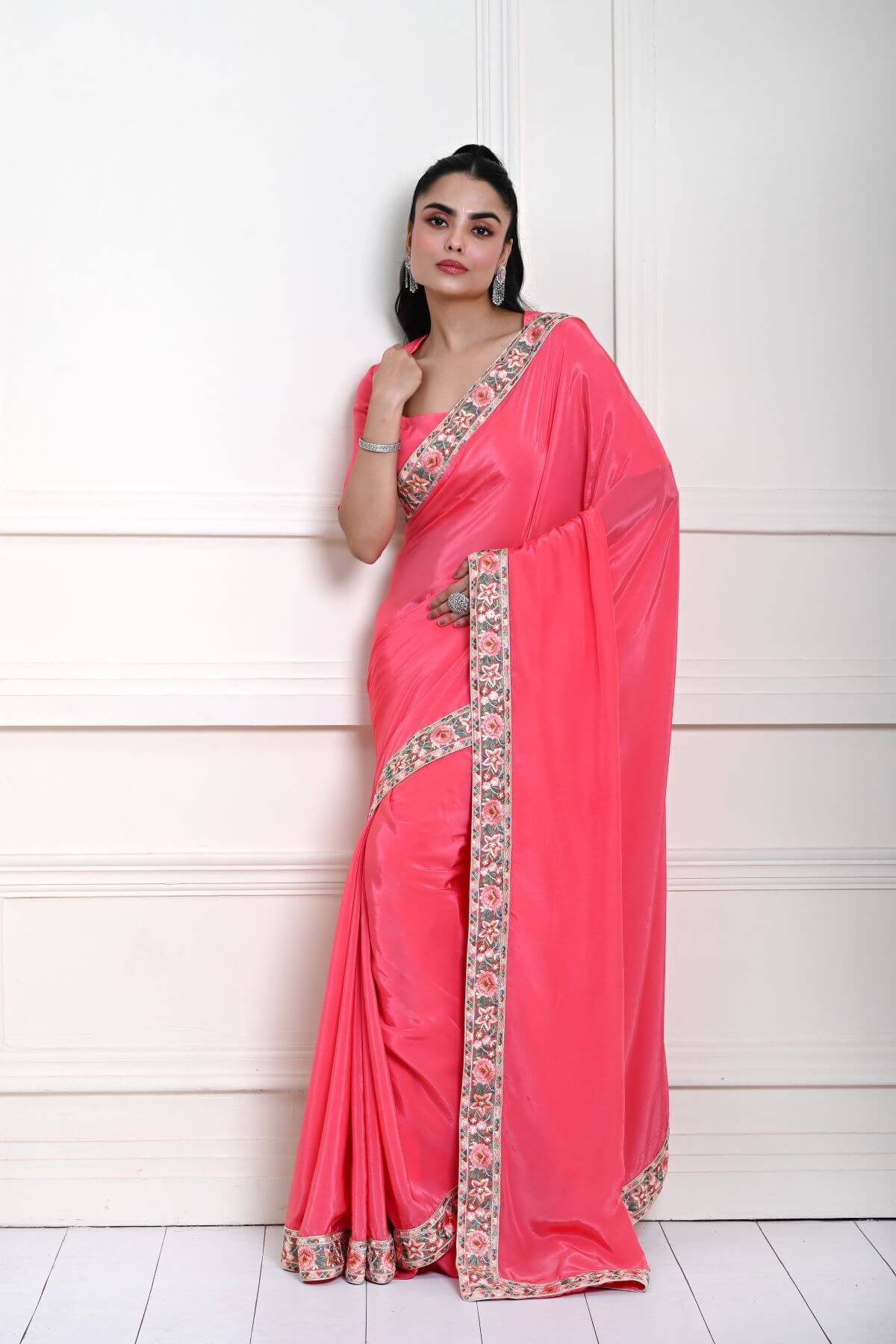 Rose Pink Saree in Satin Silk with Parsi Gara Embroidery Border