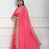 Rose Pink Saree in Satin Silk with Parsi Gara Embroidery Border