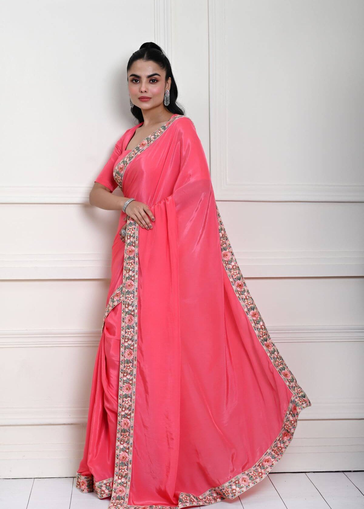 Rose Pink Saree in Satin Silk with Parsi Gara Embroidery Border