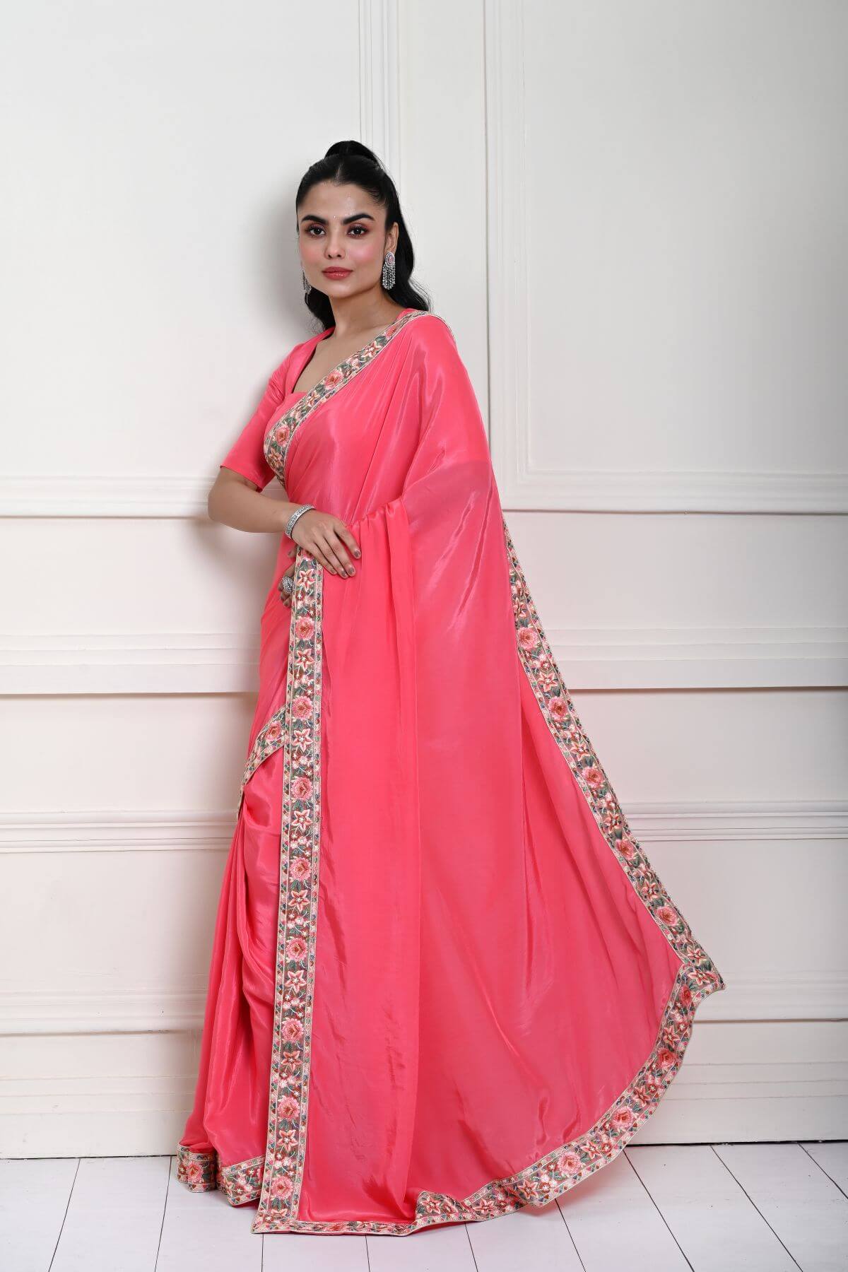 Rose Pink Saree in Satin Silk with Parsi Gara Embroidery Border