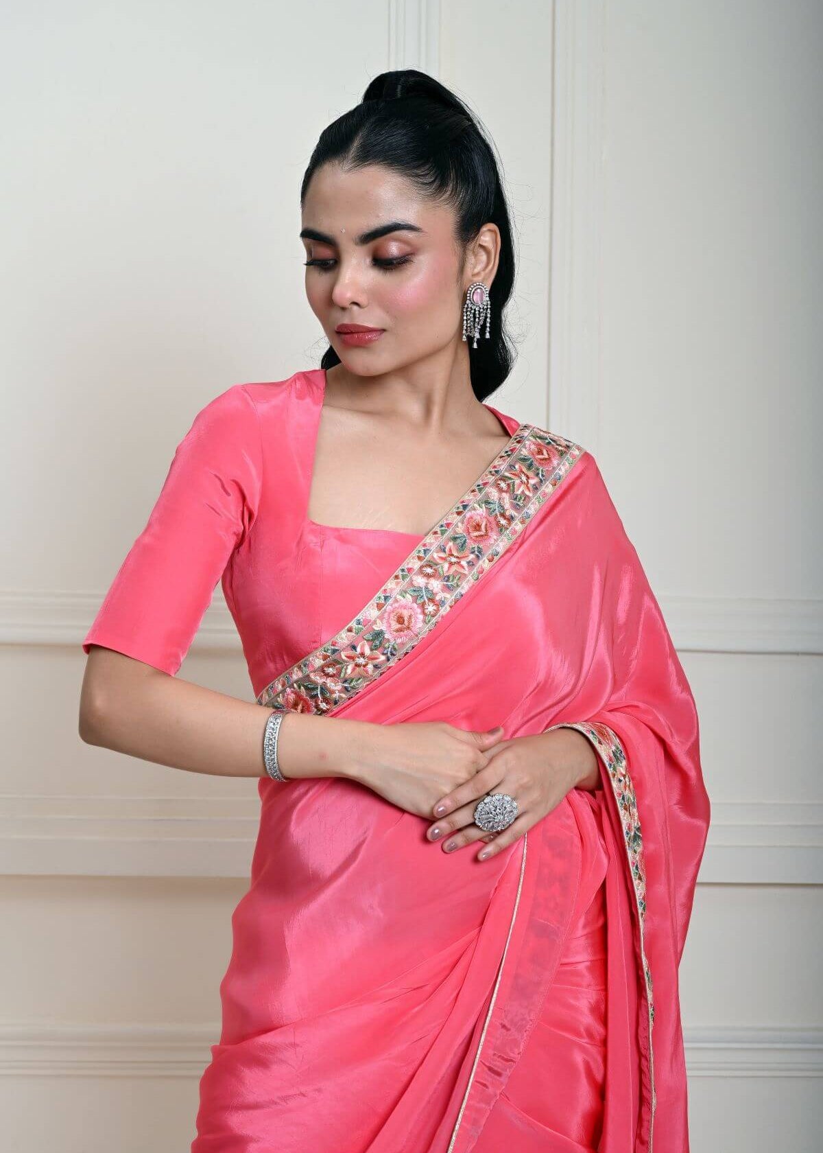 Rose Pink Saree in Satin Silk with Parsi Gara Embroidery Border