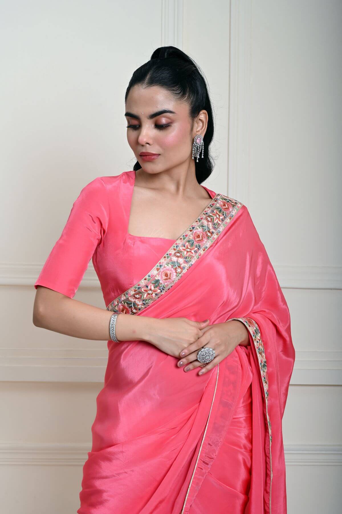 Rose Pink Saree in Satin Silk with Parsi Gara Embroidery Border