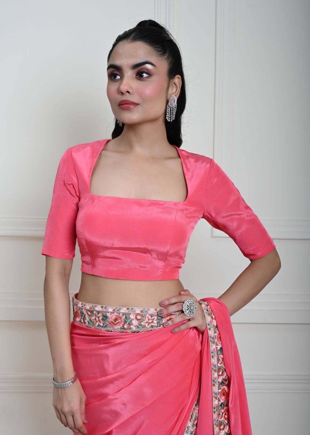 Rose Pink Saree in Satin Silk with Parsi Gara Embroidery Border