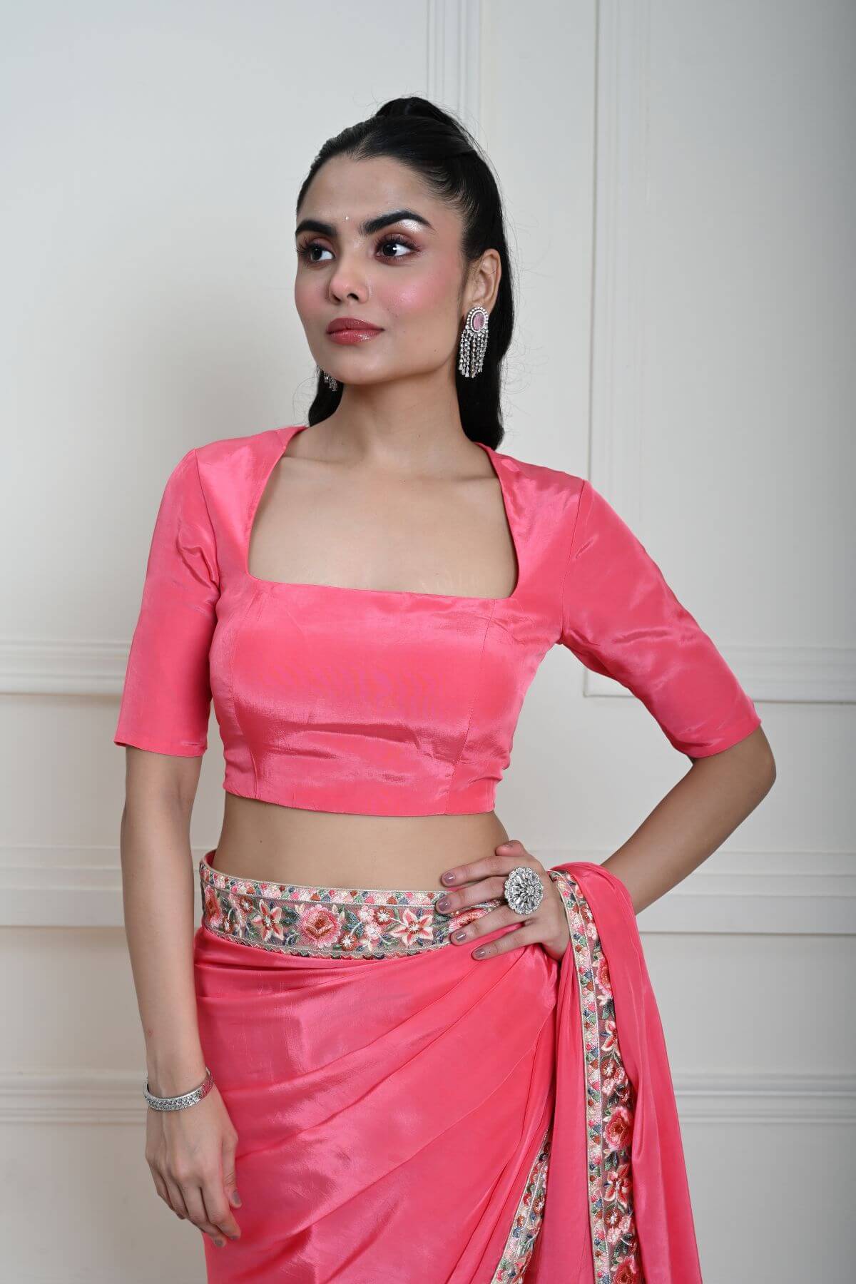 Rose Pink Saree in Satin Silk with Parsi Gara Embroidery Border