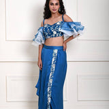 Cobalt Blue Ruffle Sleeve Crop Top with Satin Silk Draped Skirt 
