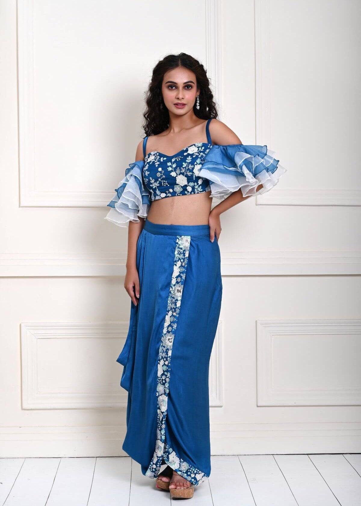 Cobalt Blue Ruffle Sleeve Crop Top with Satin Silk Draped Skirt 
