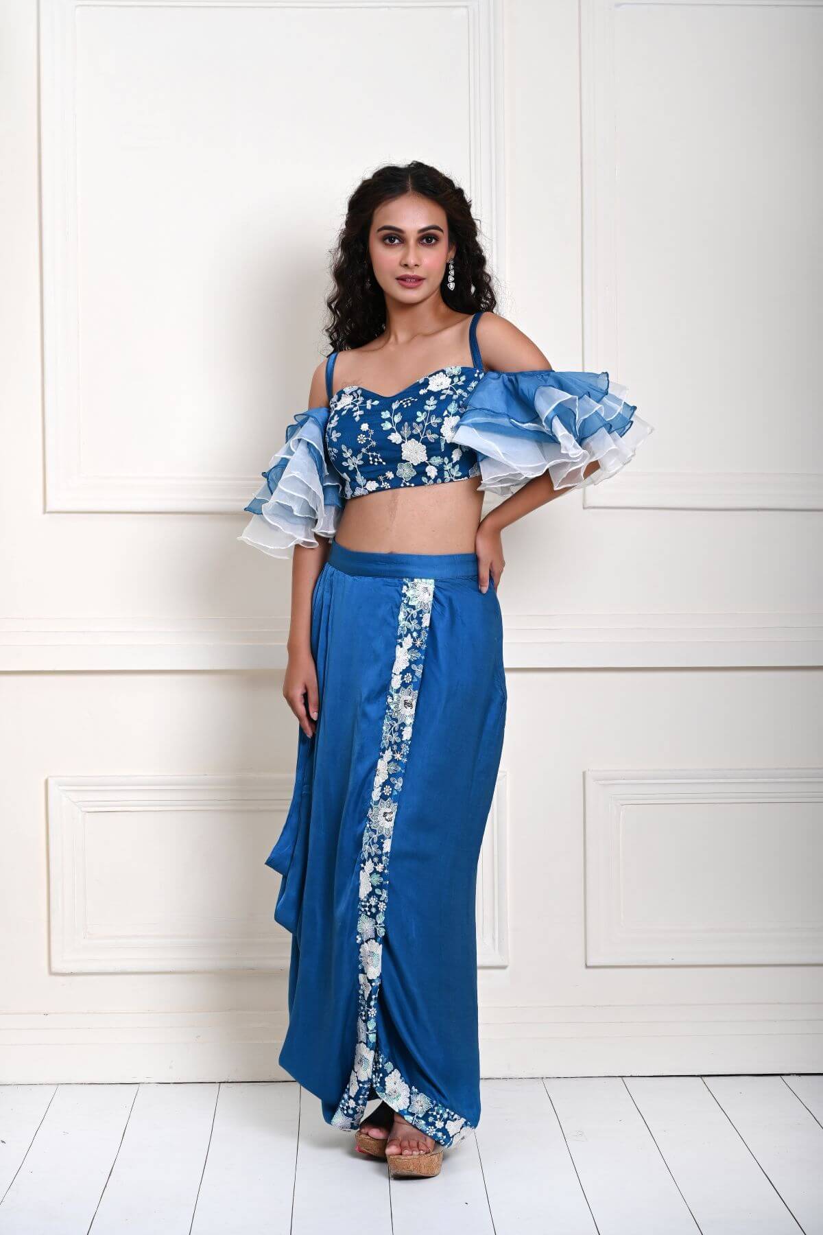 Cobalt Blue Ruffle Sleeve Crop Top with Satin Silk Draped Skirt 
