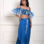 Cobalt Blue Ruffle Sleeve Crop Top with Satin Silk Draped Skirt 
