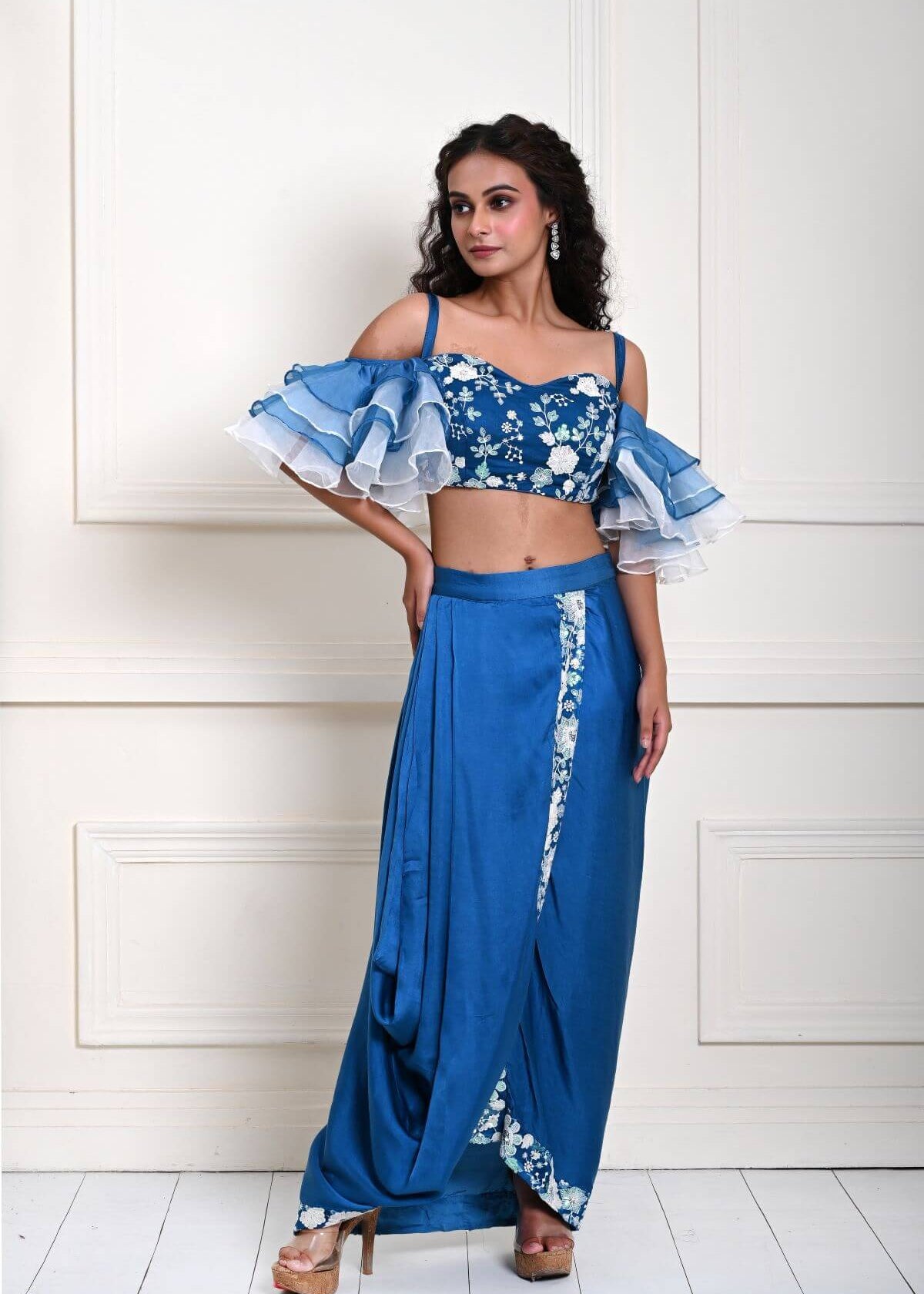 Cobalt Blue Ruffle Sleeve Crop Top with Satin Silk Draped Skirt 
