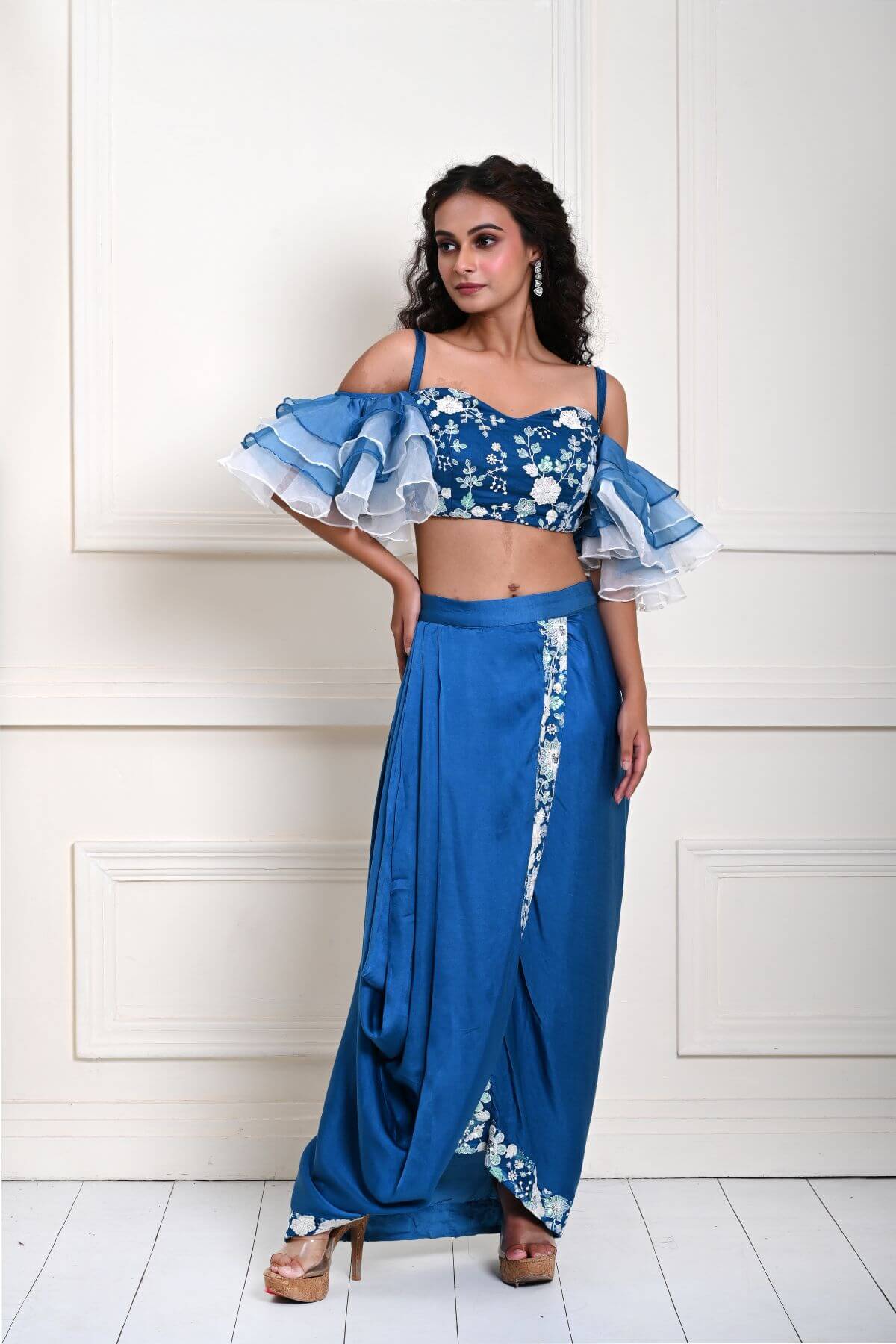 Cobalt Blue Ruffle Sleeve Crop Top with Satin Silk Draped Skirt 
